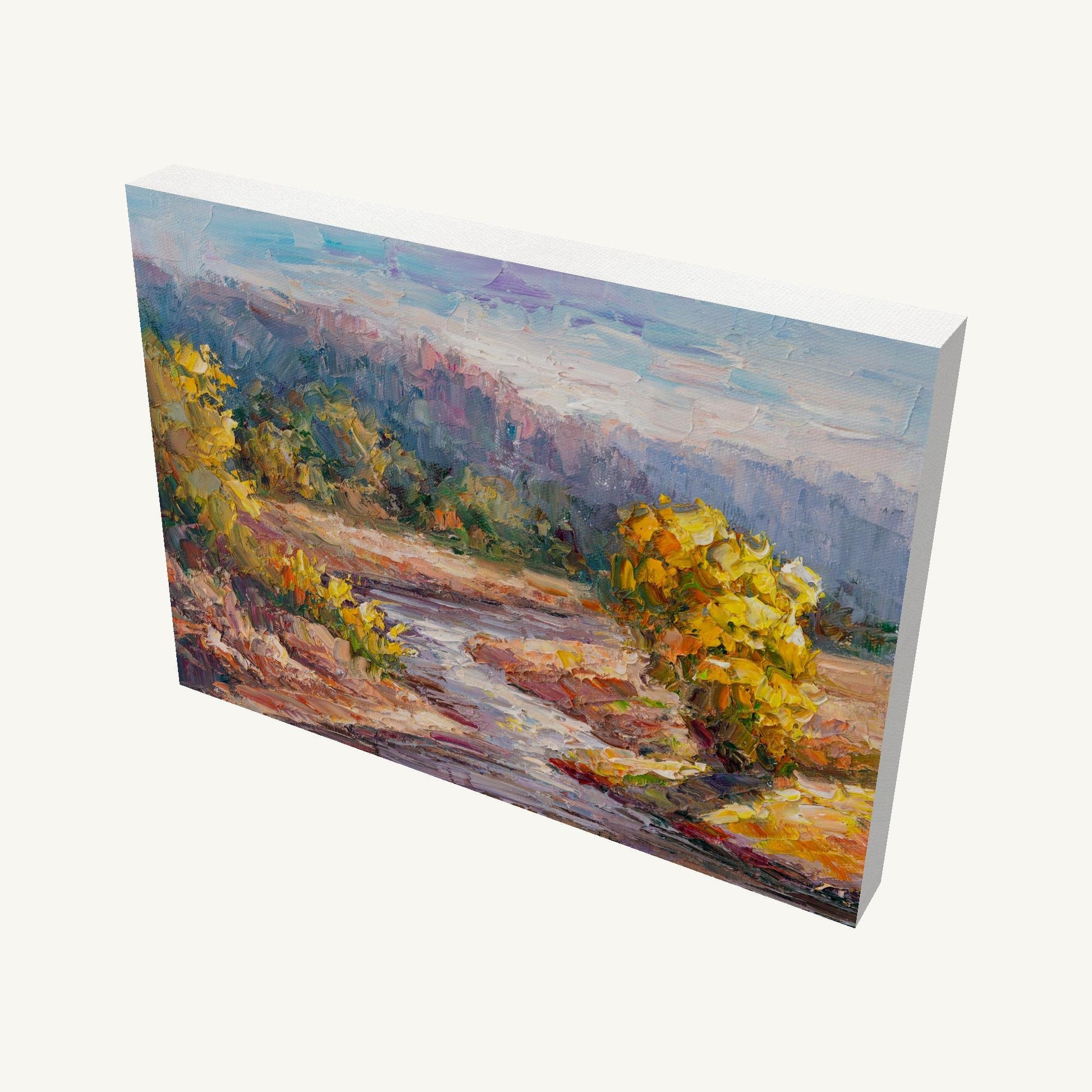 Impressionist river landscape oil painting on gallery-wrapped canvas, angled view showing depth and side edges, unframed and ready to hang