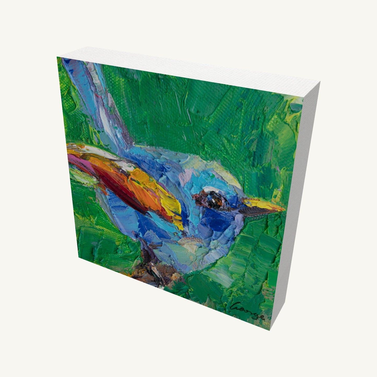 Vibrant abstract bird painting on gallery-wrapped canvas, viewed at an angle, showcasing textured oil brushwork in green, blue, and yellow tones with visible side edges and subtle shadow