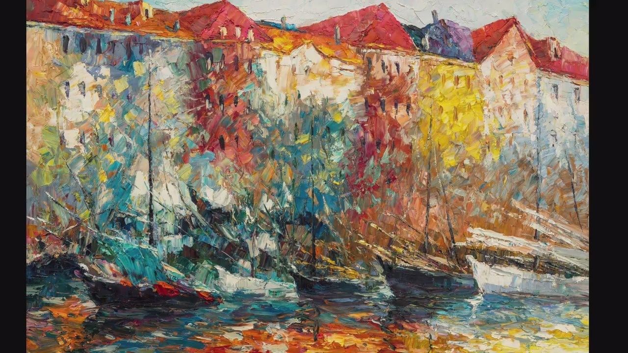 Oil Painting, Amsterdam Canal Oil Painting, Large Oil Painting, Abstract Canvas Art, Living Room Art, Rustic Décor, Oil Painting Boats Vivid