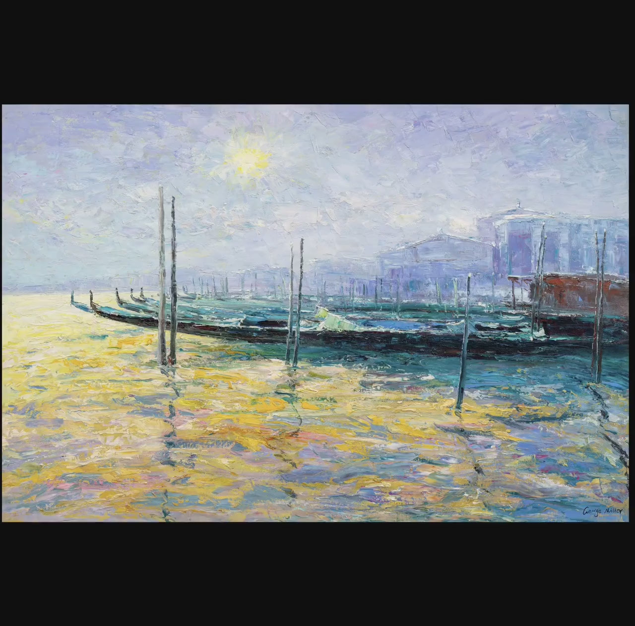 Oil Painting Venice Gondola At Dawn, Wall Art Painting, Handmade, Rustic Oil Painting, Impasto Paintings On Canvas, Original Paintings