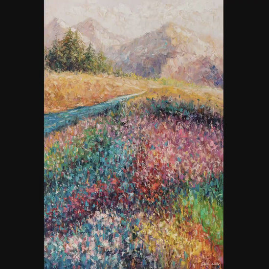 Oil Painting Mountain With Wild Flowers Spring, Landscape Wall Art, Oversized Wall Art, Rustic Oil Painting, Textured Painting New Home Gift