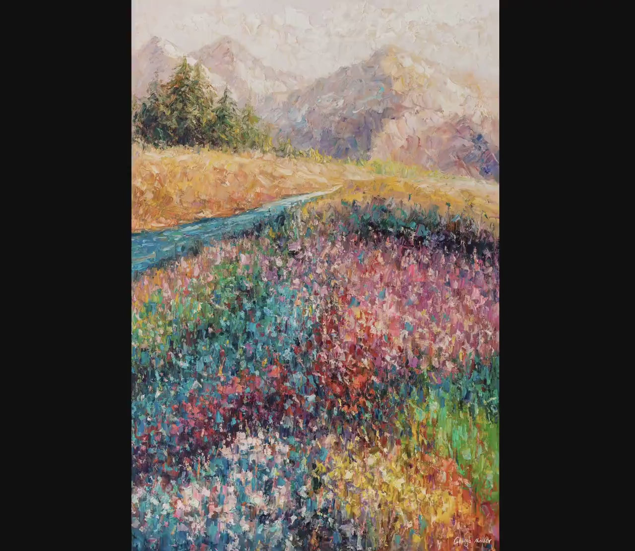 Oil Painting Mountain With Wild Flowers Spring, Landscape Wall Art, Oversized Wall Art, Rustic Oil Painting, Textured Painting New Home Gift