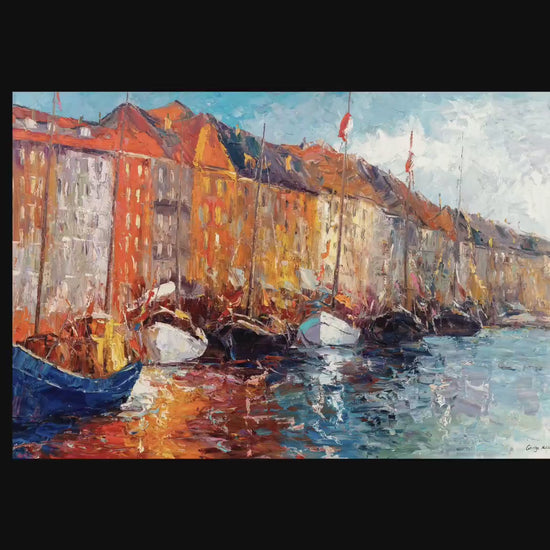 Oil Painting Amsterdam Canal Boats, Large Oil Painting, Original Abstract Art, Original Oil Painting Landscape, Oil Painting Abstract