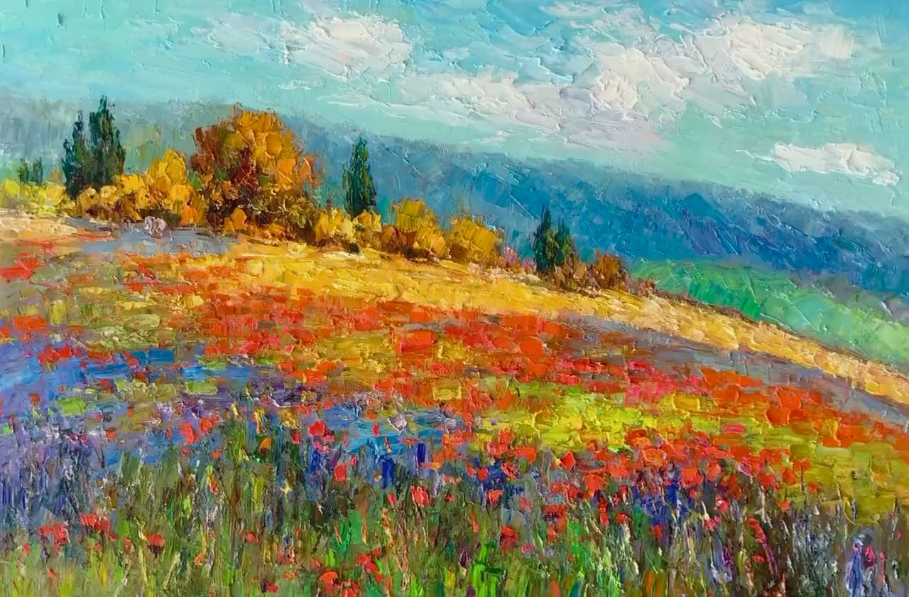 Oil Painting Landscape With Mountain And Flowers, Fine Art, Oil Painting, Large Canvas Art, Palette Knife Oil Painting, Impressionist Art