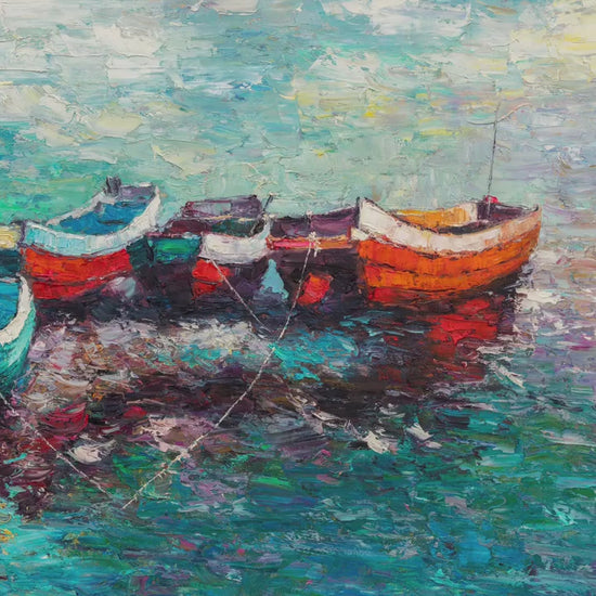 Oil Painting Seascape Fishing Boat at Dawn, Canvas Art, Canvas Wall Art, Abstract Art, Original Painting, Modern Art, Large Oil Painting