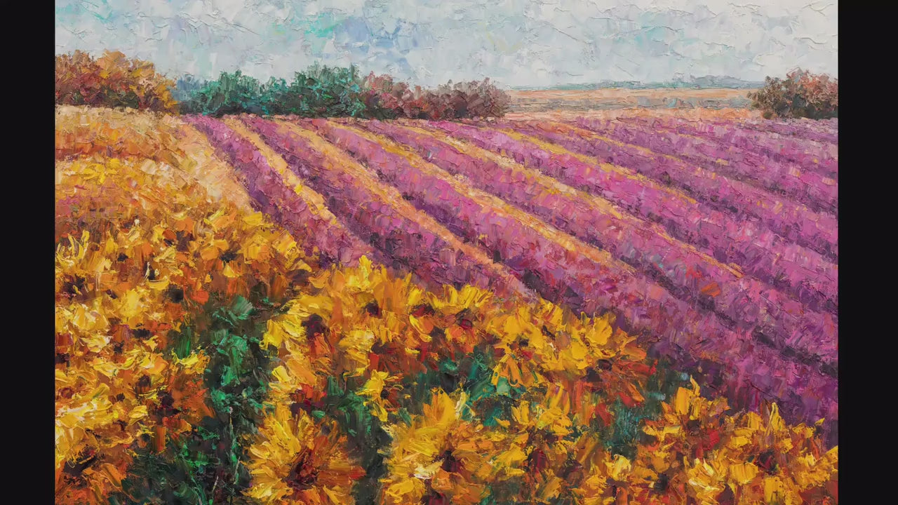 Original Landscape Oil Painting Lavender Fields With Sunflowers, Canvas Art, Extra Large Painting, Handmade Painting, Modern Painting