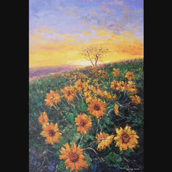 Landscape Painting Sunflowers Fields at Dawn, Wall Hanging, Landscape Wall Art, Modern Painting, Original Oil Painting