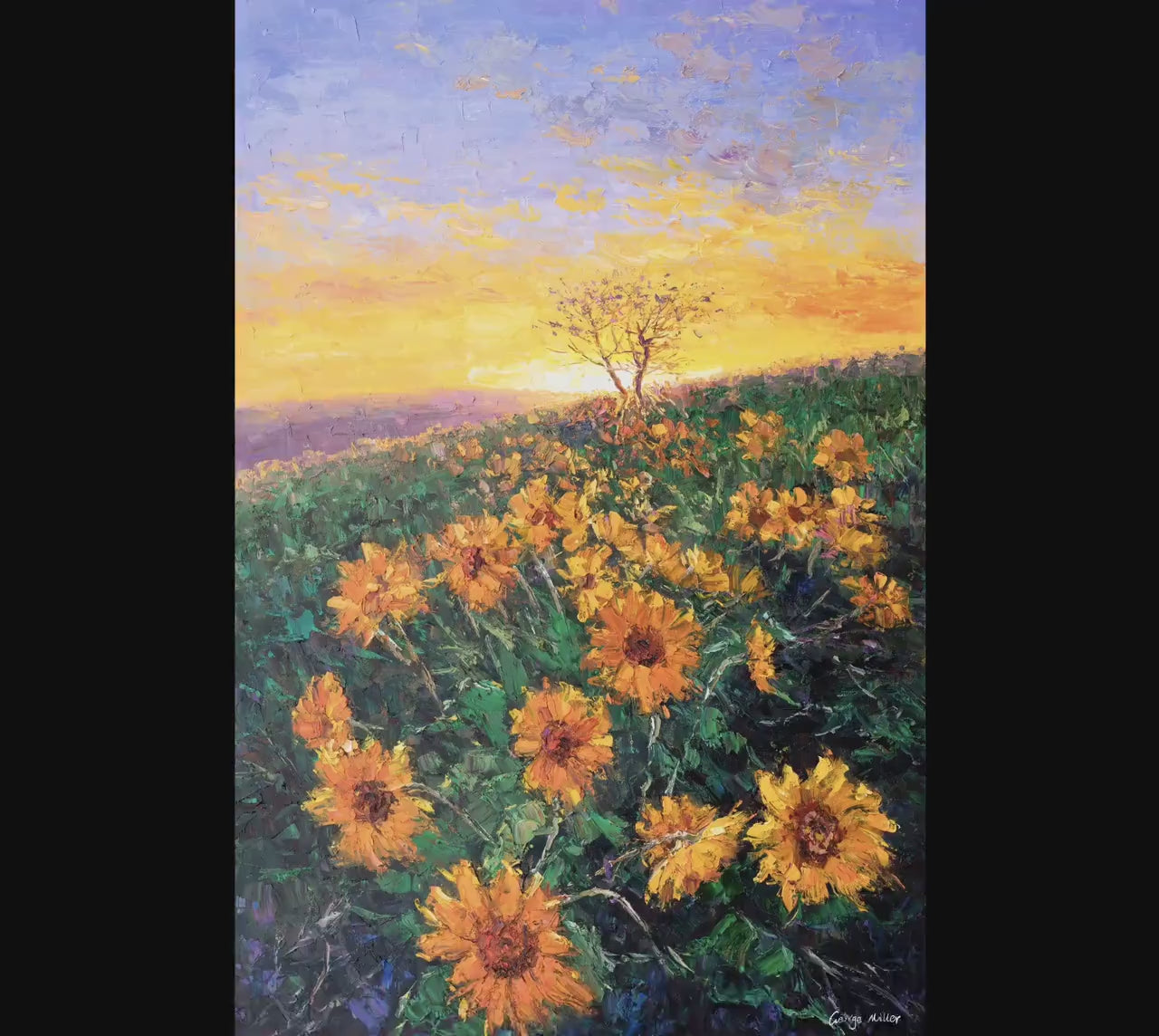 Landscape Painting Sunflowers Fields at Dawn, Wall Hanging, Landscape Wall Art, Modern Painting, Original Oil Painting