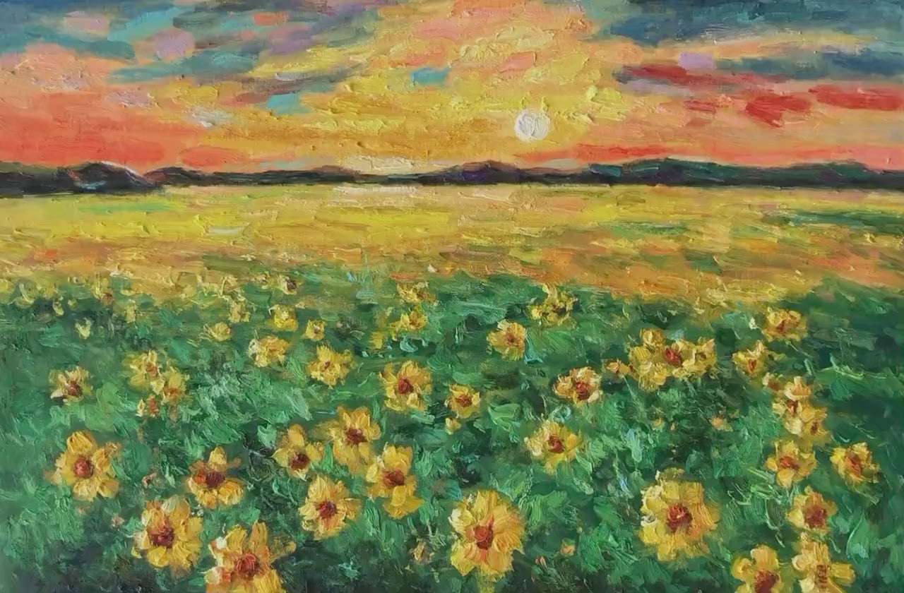 Original Oil Painting, Abstract Art, Sunflower Fields at Dawn, Abstract Wall Art, Knife Art, Abstract Canvas Art, Landscape Oil Painting