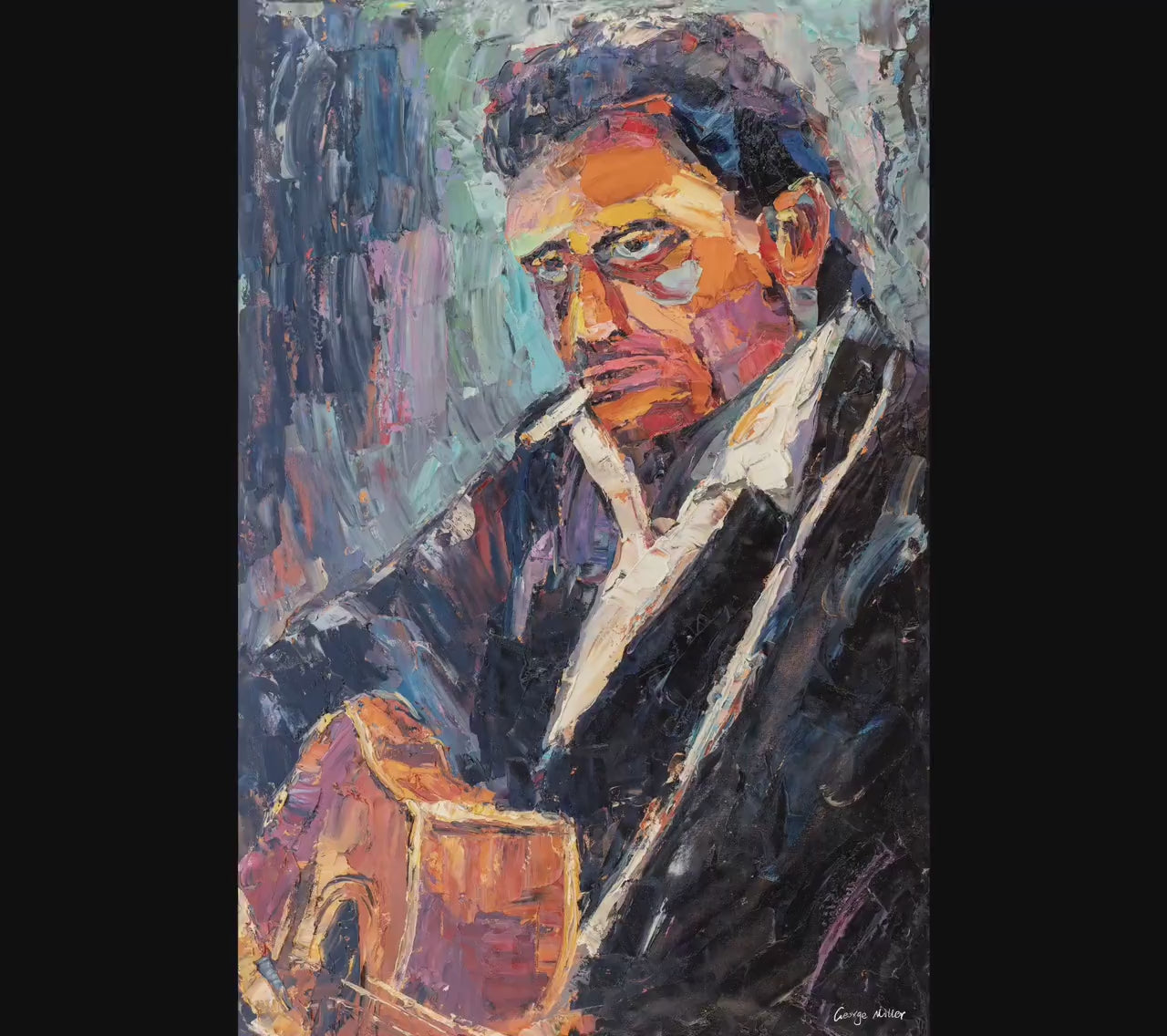 Oil Painting Johnny Cash with Guitar, Rock Music, Large Abstract Painting, Abstract Oil Painting, Large Wall Art Painting, Contemporary Art