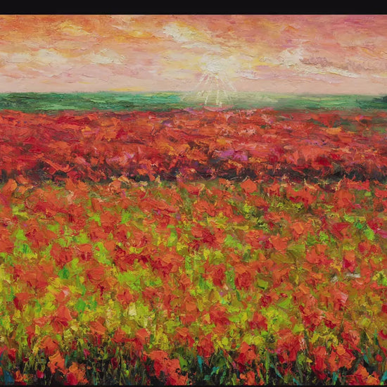 Spring Fields With Wild Flowers Oil Painting, Extra Large Wall Art, Red And Orange, Original Paintings, Framed Wall Art, Home Office Decor