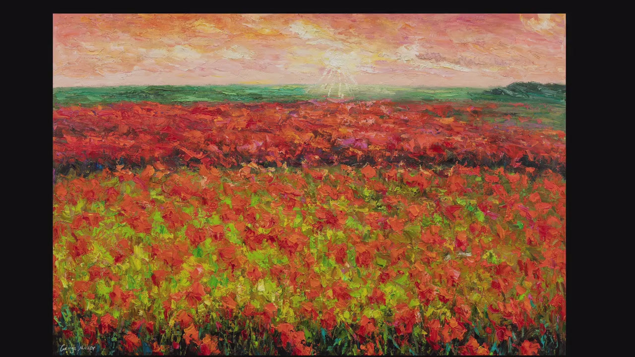 Spring Fields With Wild Flowers Oil Painting, Extra Large Wall Art, Red And Orange, Original Paintings, Framed Wall Art, Home Office Decor