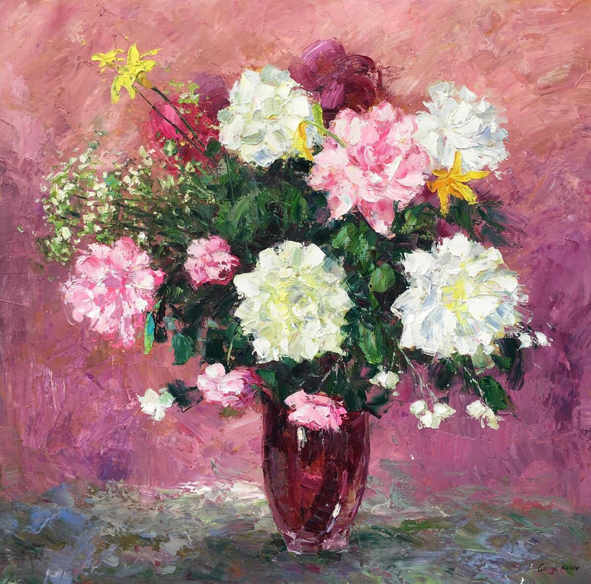 Floral Oil Painting: Abstract Canvas, Pink | 36x36 inches, Ready to Hang | Wall Decor, Large Abstract Painting, Contemporary Art, Pink