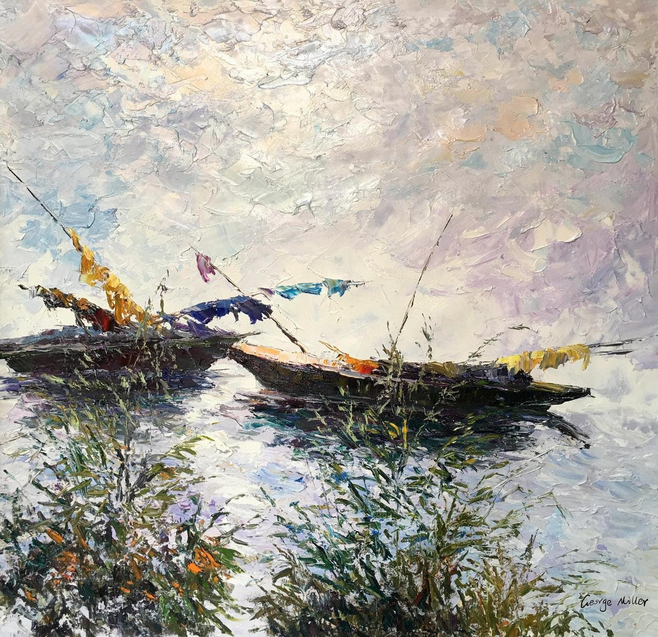 Oil Painting, Fishing Boat at Dawn, Contemporary Painting, Rustic Wall Decor, Large Wall Art Canvas, Landscape Oil Painting, Large Art