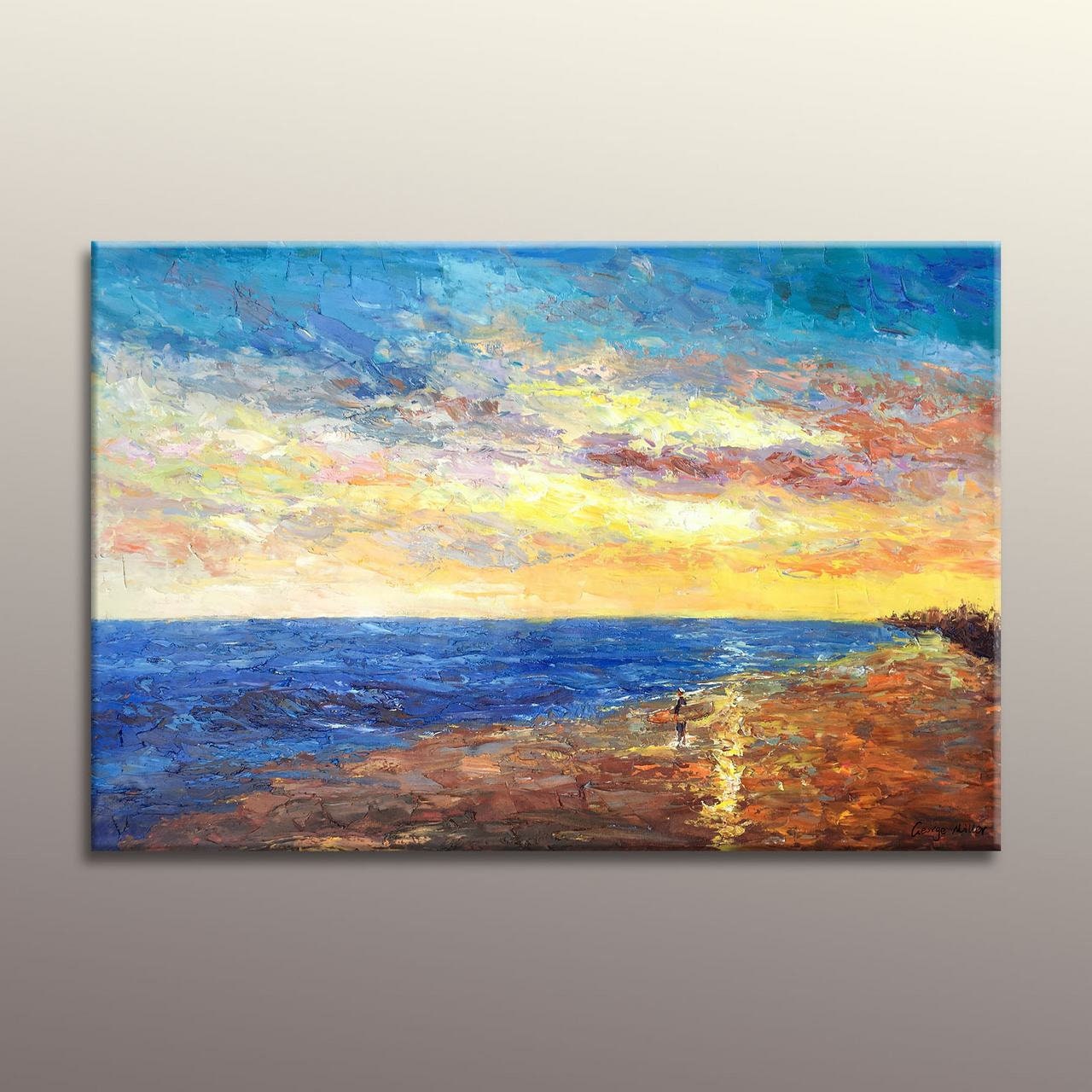 Oil Painting Seascape Beach Sunset, Canvas Art, Abstract Oil Painting, Large Art, Landscape Painting, Kitchen Wall Decor, Original Artwork