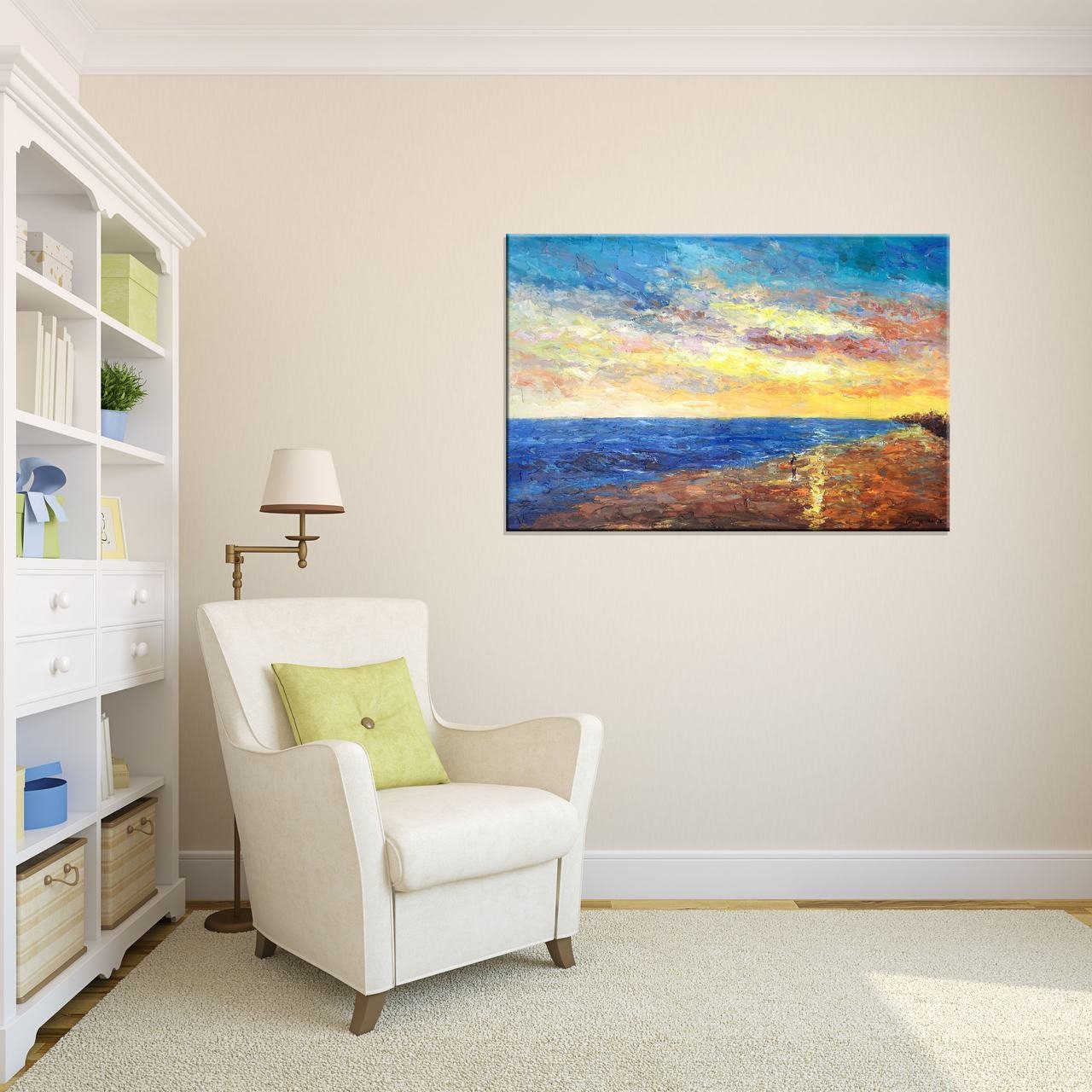 Oil Painting Seascape Beach Sunset, Canvas Art, Abstract Oil Painting, Large Art, Landscape Painting, Kitchen Wall Decor, Original Artwork