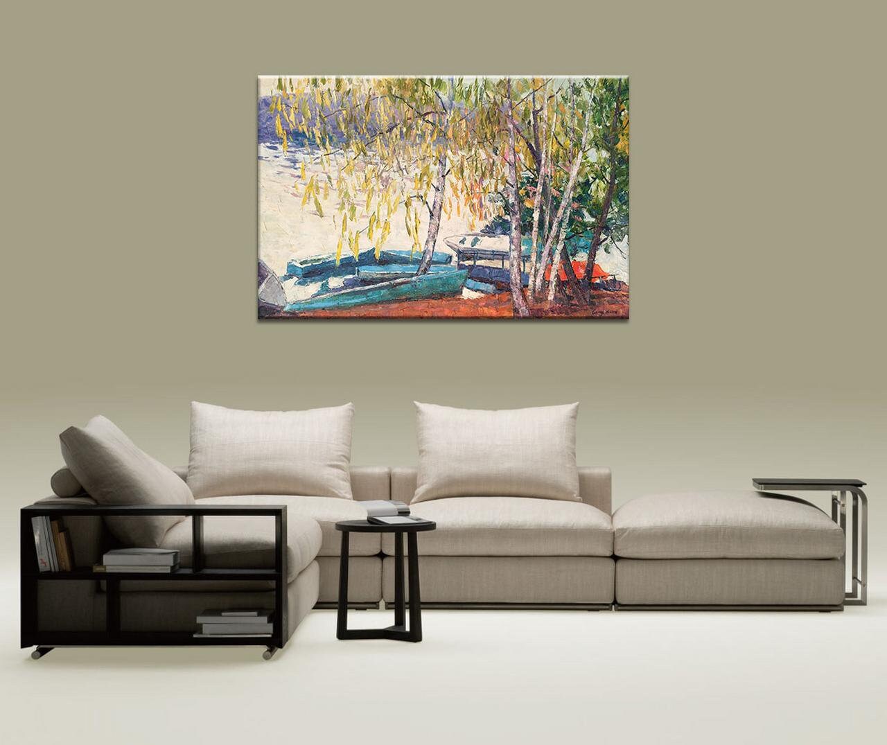Landscape Painting Boats by the Lake - Upgrade your office decor with this contemporary oil painting on canvas