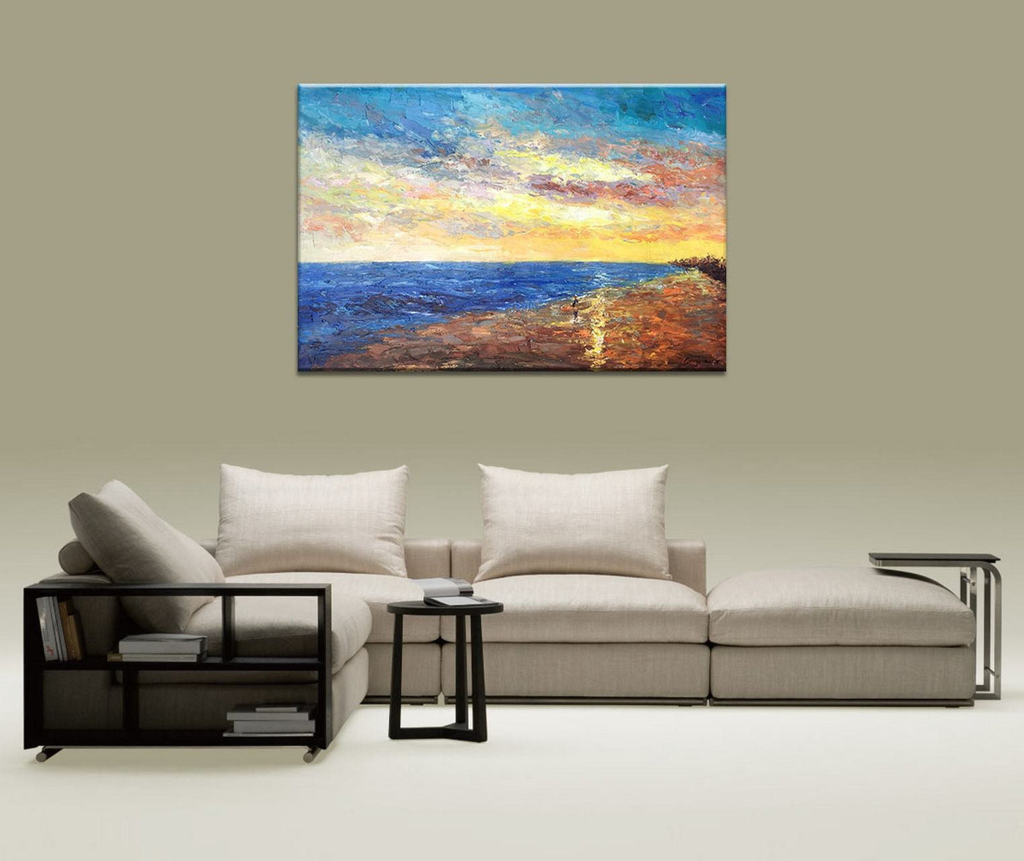 Oil Painting Seascape Beach Sunset, Canvas Art, Abstract Oil Painting, Large Art, Landscape Painting, Kitchen Wall Decor, Original Artwork