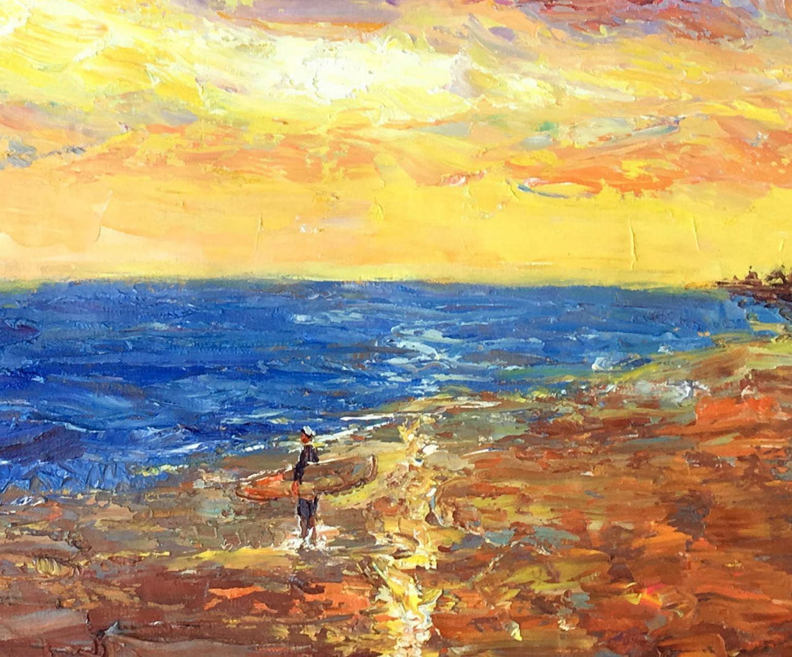 Oil Painting Seascape Beach Sunset, Canvas Art, Abstract Oil Painting, Large Art, Landscape Painting, Kitchen Wall Decor, Original Artwork