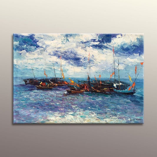 Palette Knife Fishing Boats Seascape | Handmade Oil Painting | Contemporary Canvas Art | 32x48 Inches | Ready to Ship