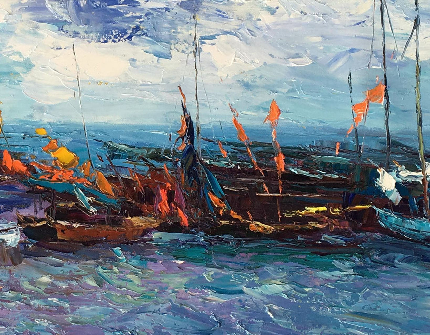 Palette Knife Fishing Boats Seascape | Handmade Oil Painting | Contemporary Canvas Art | 32x48 Inches | Ready to Ship