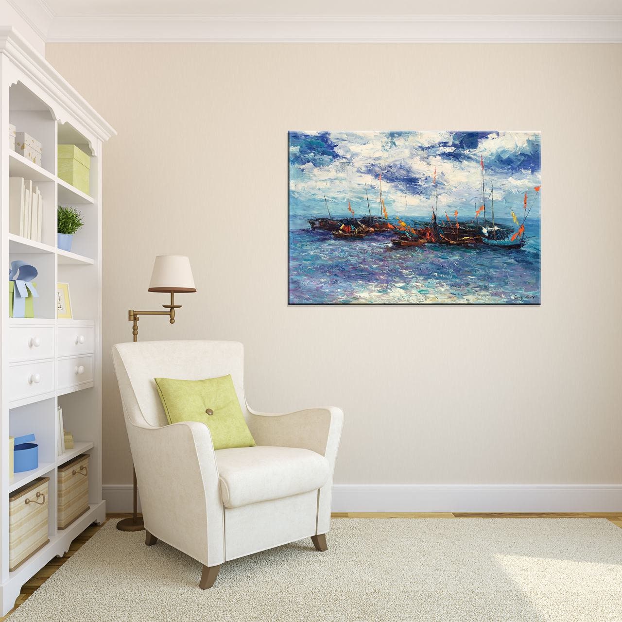Palette Knife Fishing Boats Seascape | Handmade Oil Painting | Contemporary Canvas Art | 32x48 Inches | Ready to Ship