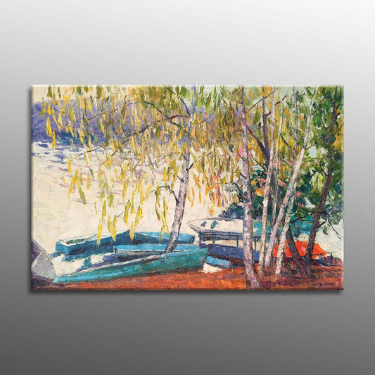 Landscape Painting Boats by the Lake - Upgrade your office decor with this contemporary oil painting on canvas