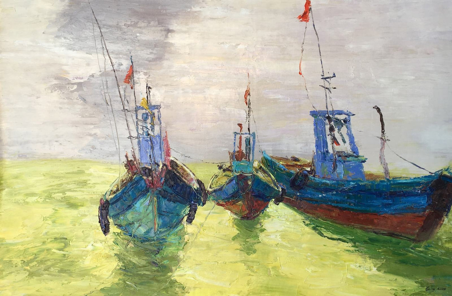 Original Oil Painting Fishing Boats Seascape, Oil On Canvas, Large Oil Painting Original Canvas, Rustic Oil Painting, Impasto Oil Painting