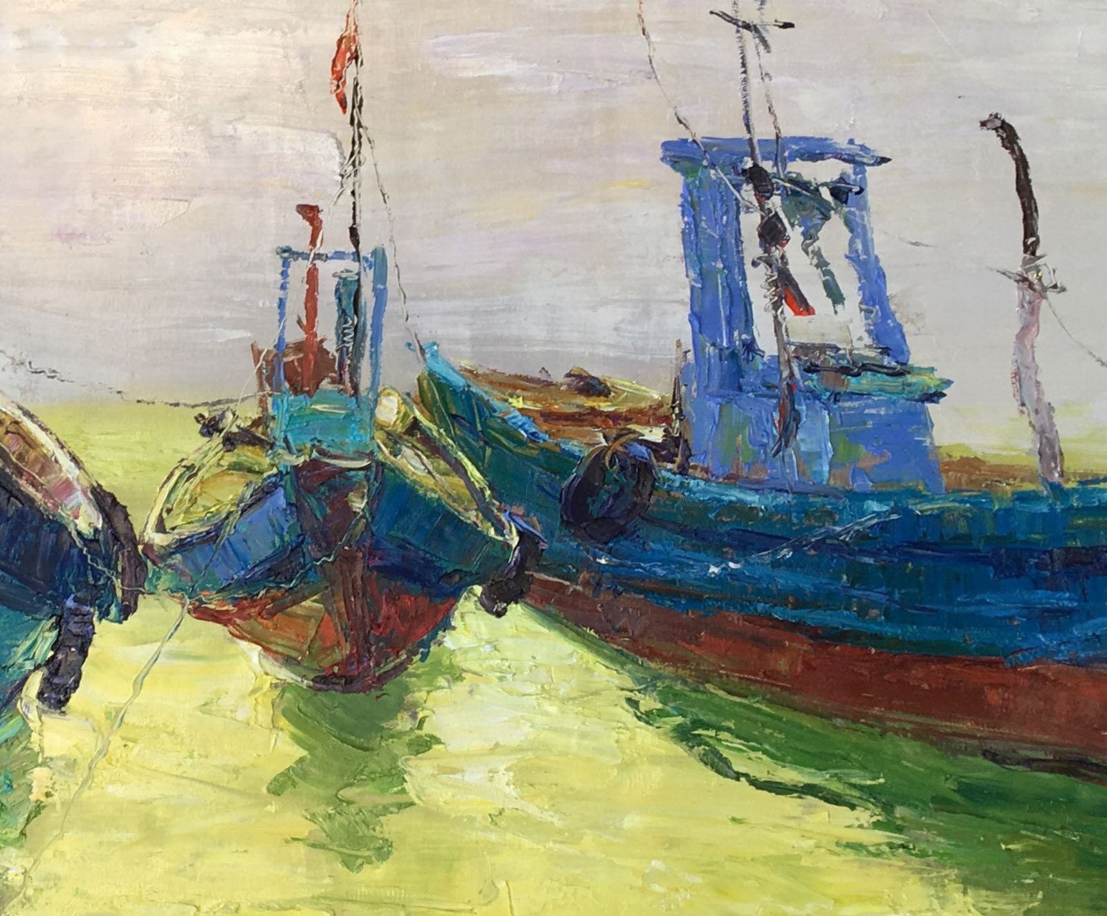 Original Oil Painting Fishing Boats Seascape, Oil On Canvas, Large Oil Painting Original Canvas, Rustic Oil Painting, Impasto Oil Painting