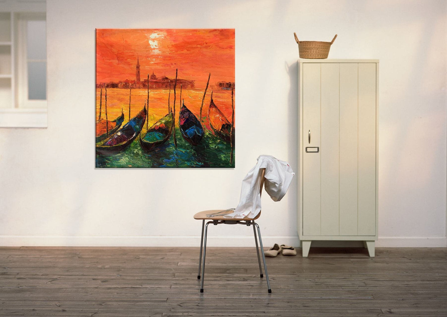 Original Art Italian Venice Grand Canal Gondola Sunset | Large Wall Art - 36x36 Ready to Hang