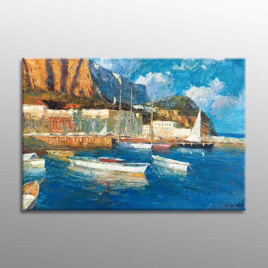 Oil Painting Seascape Habor Boats, Modern Art, Living Room Wall Decor, Abstract Canvas Art, Oil Painting Original, Seascape Painting
