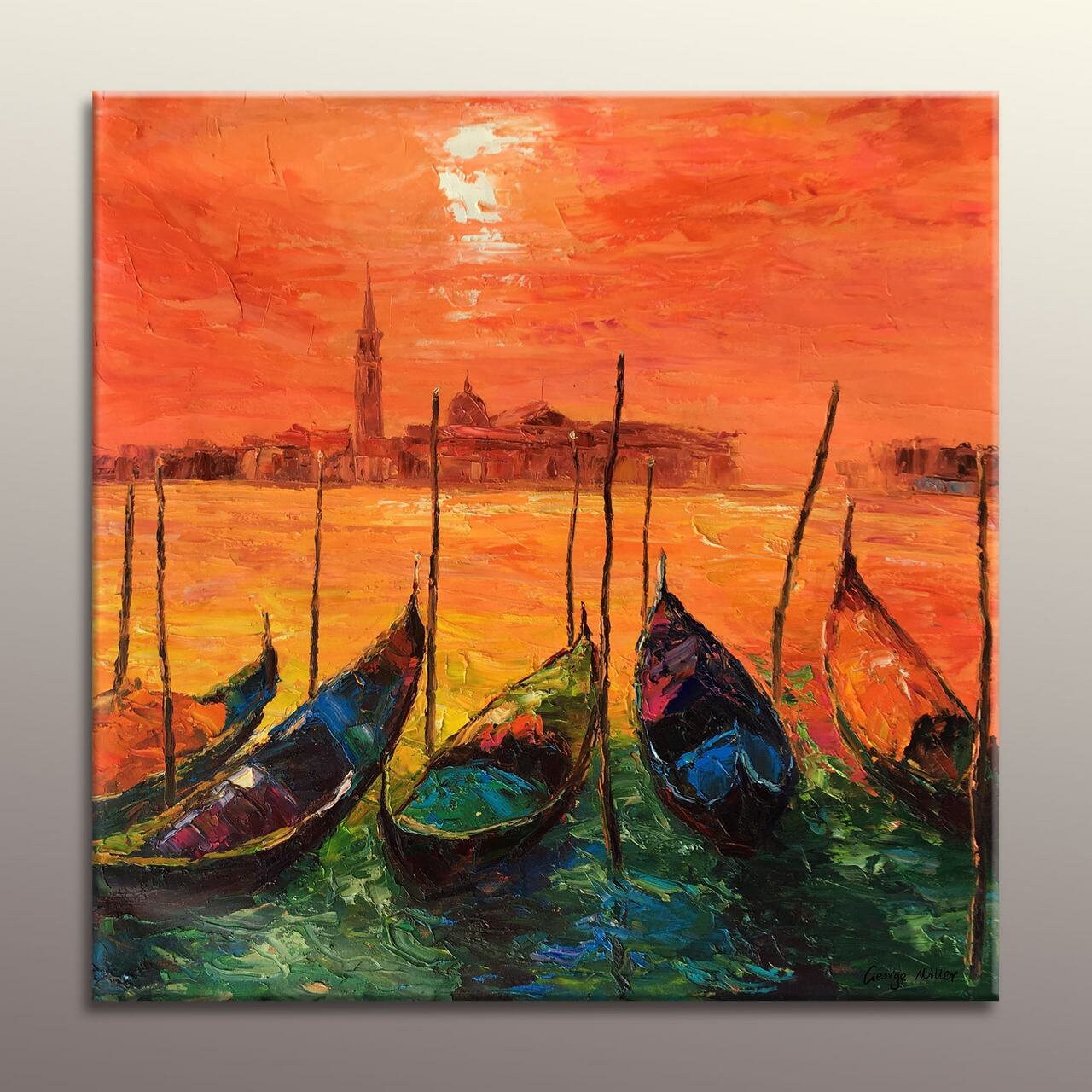 Original Art Italian Venice Grand Canal Gondola Sunset | Large Wall Art - 36x36 Ready to Hang