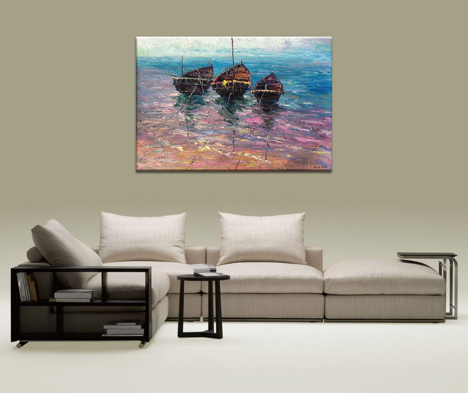 Original Oil Painting Moored Fishing Boat, Wall Art Painting, Abstract Painting Seascape, Extra Large Abstract Painting, Handmade Painting