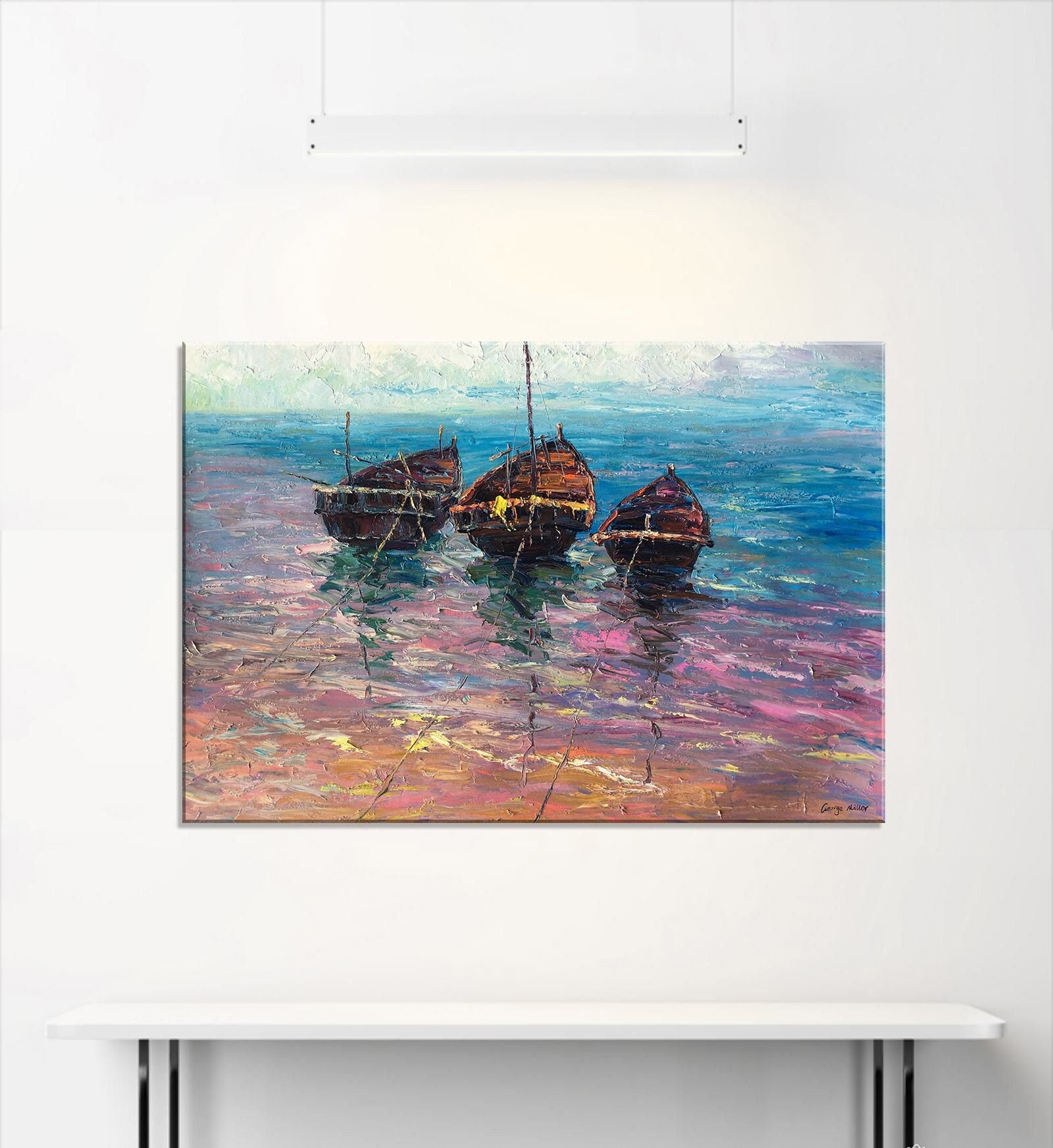 Original Oil Painting Moored Fishing Boat, Wall Art Painting, Abstract Painting Seascape, Extra Large Abstract Painting, Handmade Painting