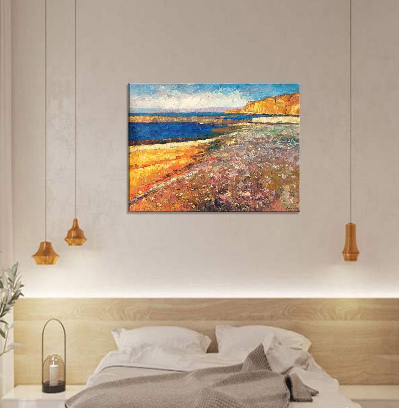 Sea Cliffs and Beach: Original Oil Painting | Oversized Canvas Art | 32x40, Handmade Painting, Modern Wall Art, Heavy Textured Art