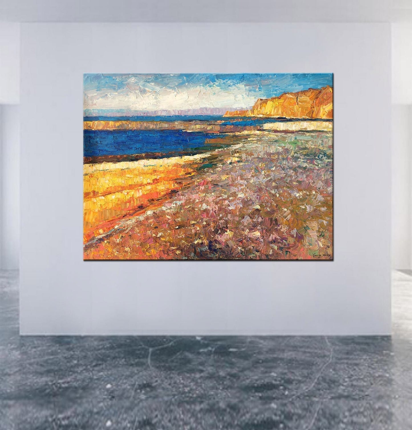 Sea Cliffs and Beach: Original Oil Painting | Oversized Canvas Art | 32x40, Handmade Painting, Modern Wall Art, Heavy Textured Art