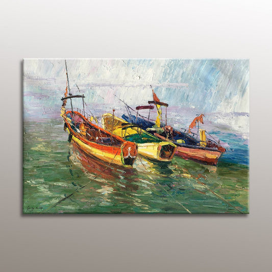 Original Oil Painting Fishing Boats Moored By The Sea, Wall Art Painting, Oversized Painting, Handmade Art, Contemporary, Texture Painting