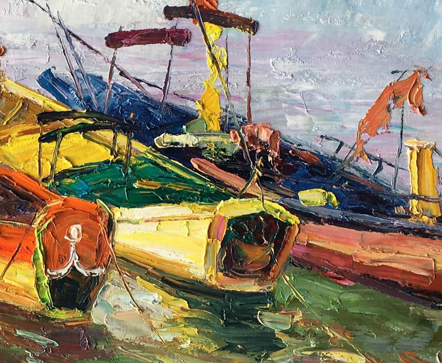 Original Oil Painting Fishing Boats Moored By The Sea, Wall Art Painting, Oversized Painting, Handmade Art, Contemporary, Texture Painting