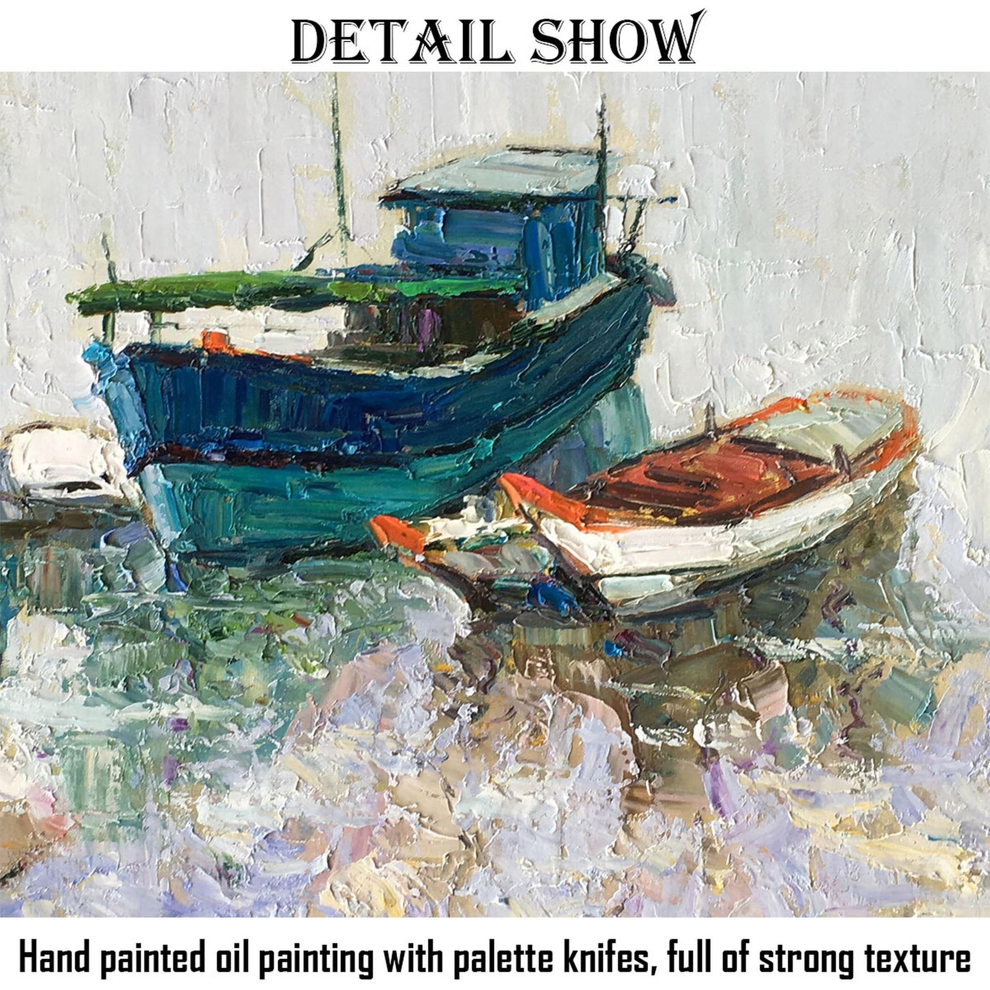 Original Oil Painting Fishing Boats Seascape, Paintings On Canvas, Oversized Painting, Handmade, Modern Painting, Impasto Painting