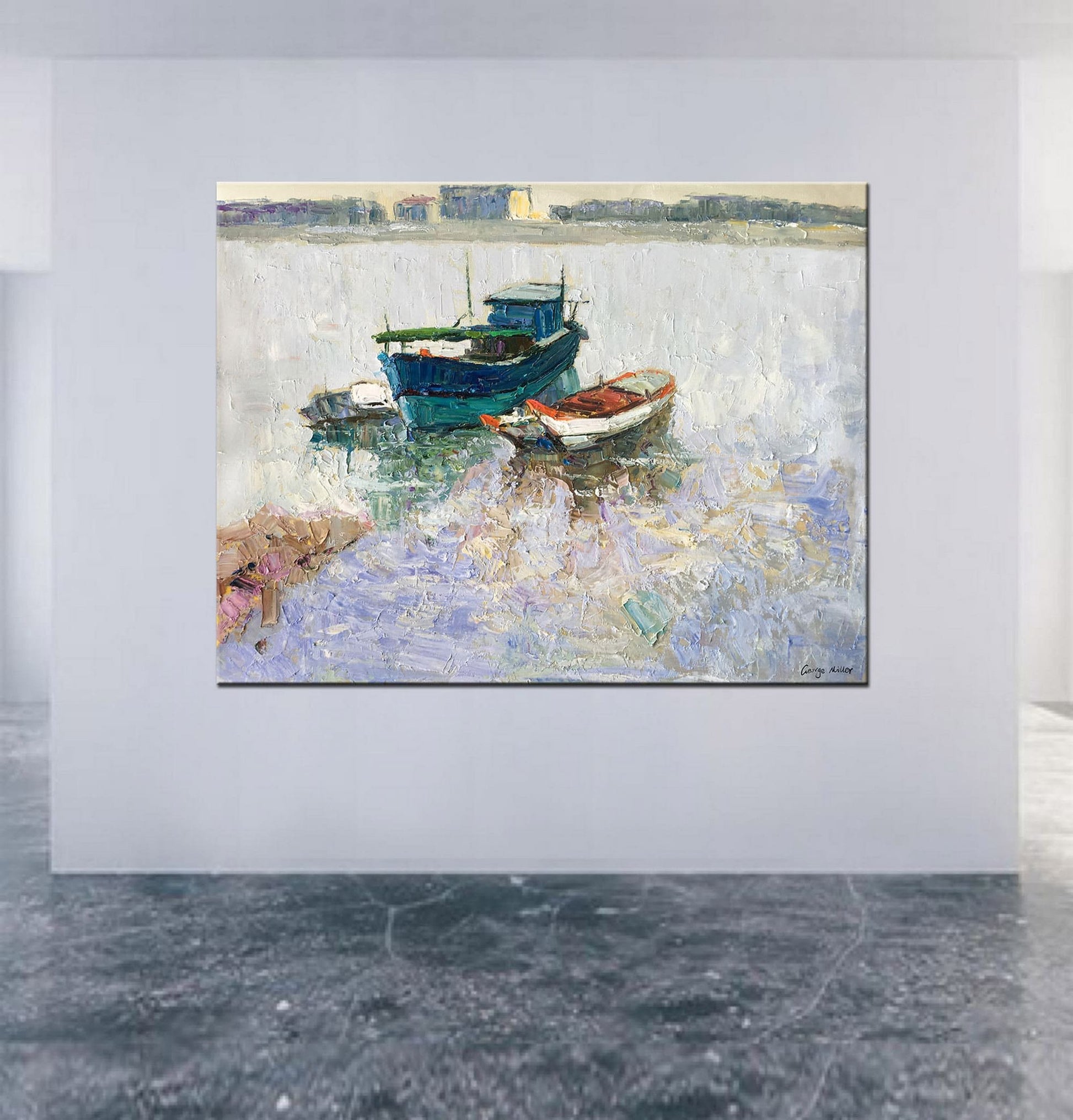 Original Oil Painting Fishing Boats Seascape, Paintings On Canvas, Oversized Painting, Handmade, Modern Painting, Impasto Painting