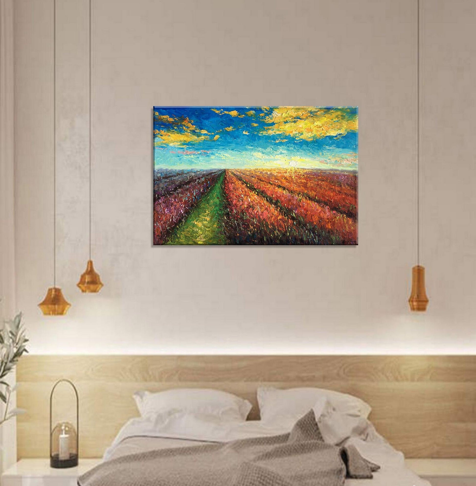 Landscape Painting, Oil Painting, Provence Lavender Fields at Dawn, Canvas Wall Art, Bedroom Decor, Large Art, Painting Abstract