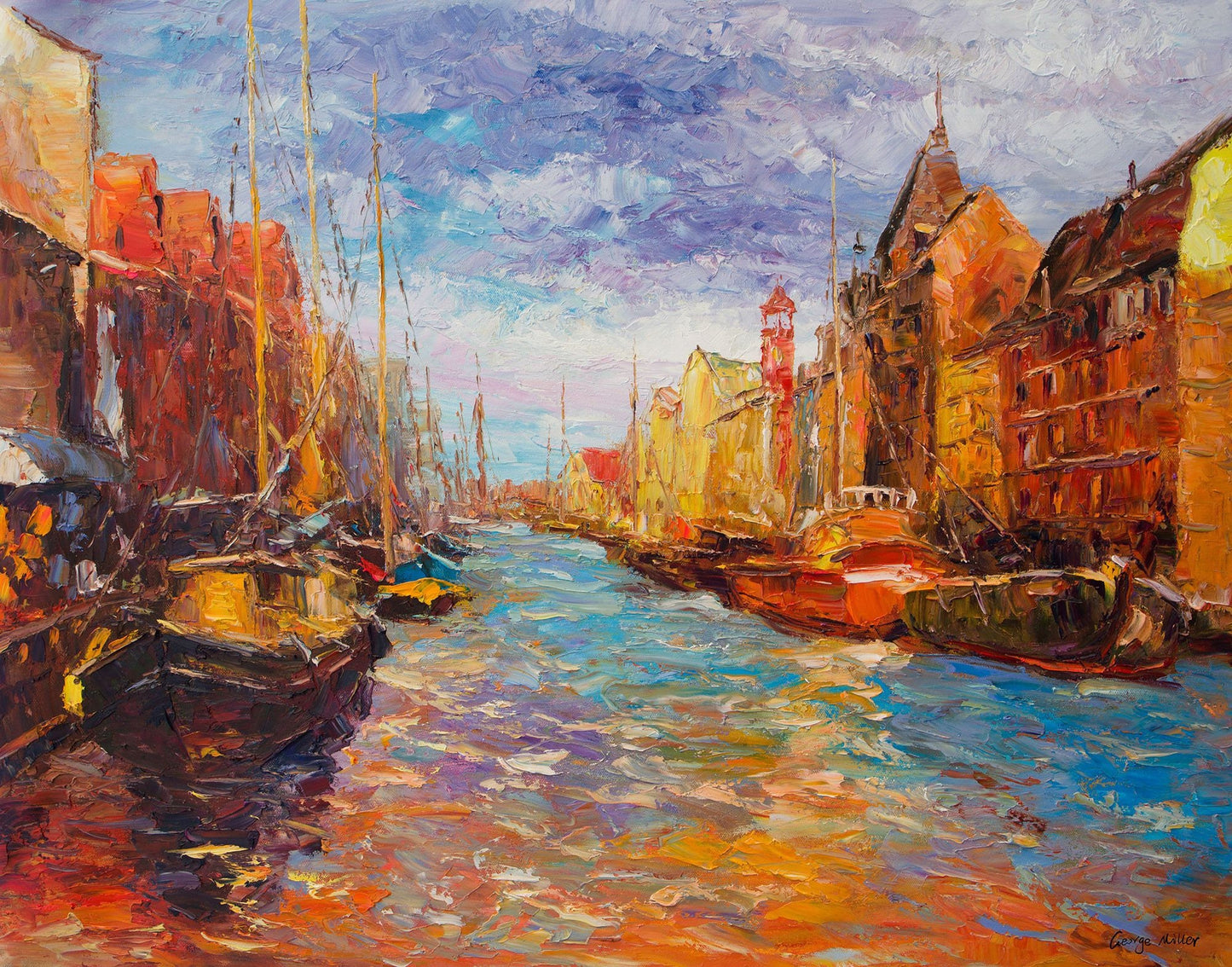 Oil Painting Amsterdam Canal Boats, Abstract Painting, Canvas Painting, Contemporary Art, Living Room Decor, Large Landscape Painting