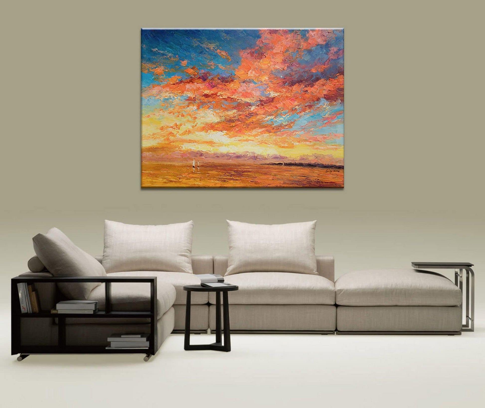 Large Wall Art Seascape Oil Painting Boats at Sea Sunset, Abstract Art, Living Room Wall Decor, Original Oil Painting, Large Abstract Art