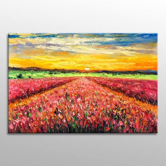 Oil Paintng Landscape French Spring Flower Fields Sunrise, Original Abstract Art, Large Canvas Art, Wall Decor, Bedroom Art, Orange Yellow