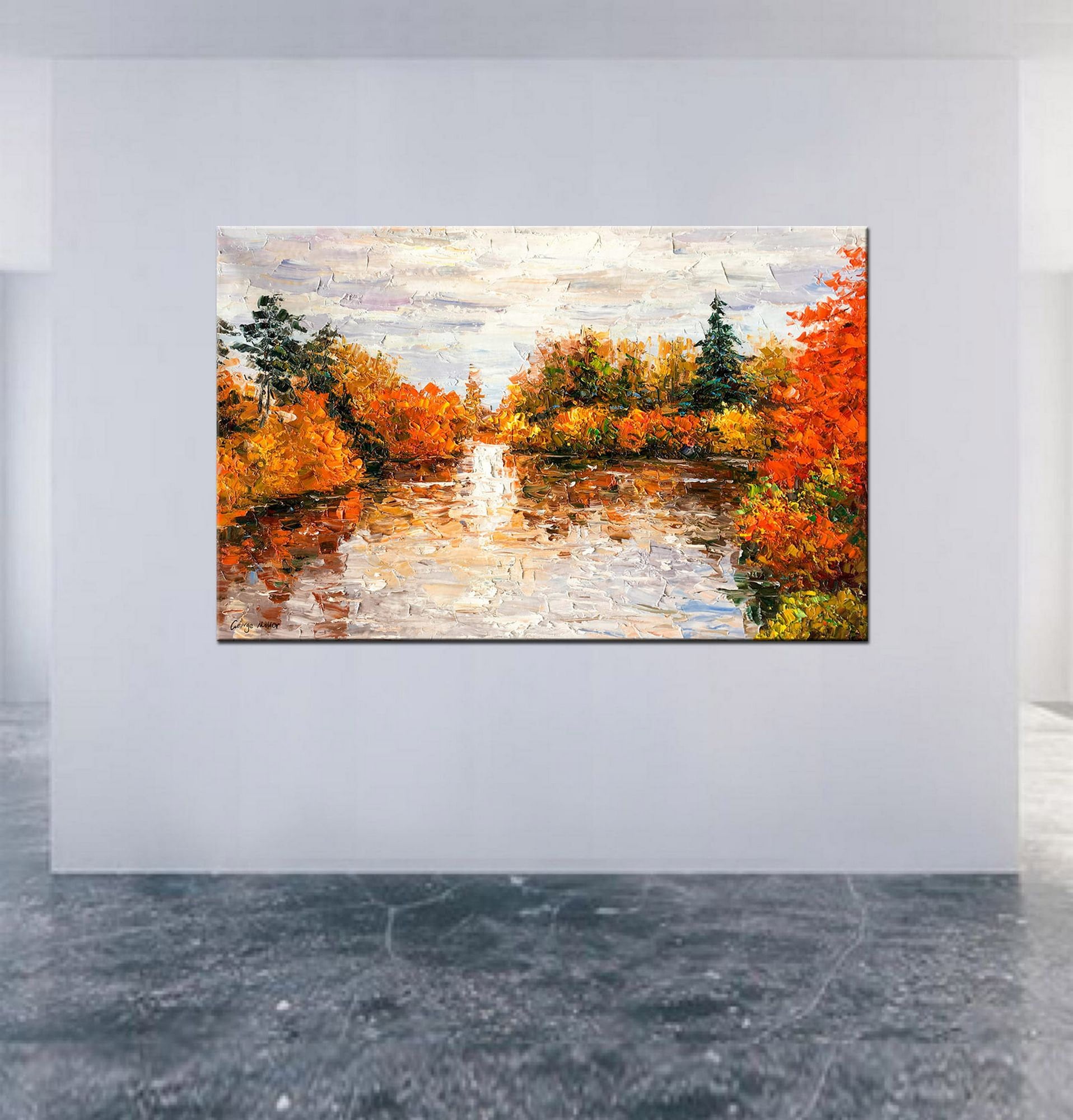 Large Landscape Oil Painting Autumn Forest by the River, Abstract Painting, Abstract Wall Art, Kitchen Wall Decor, Modern Painting, Orange