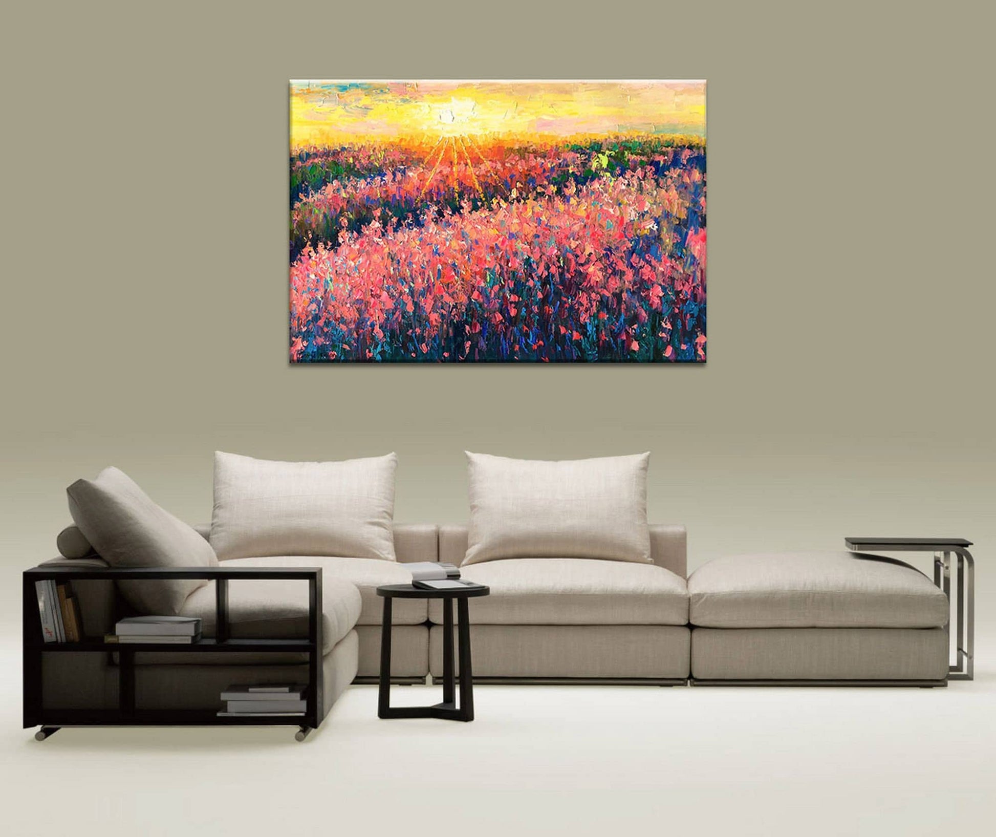 Large Canvas Painting Lavender Fields Sunrise French Provence Landscape, Abstract Canvas Art, Original Oil Painting Landscape, Original Art