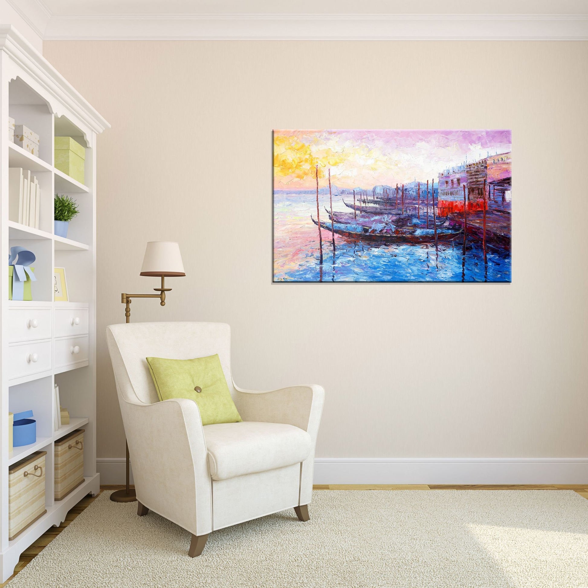Oil Painting Venice Gondora Grand Canal Sunrise, Fine Art, Wall Art Painting, Extra Large Abstract Painting, Handmade Art, Modern Painting