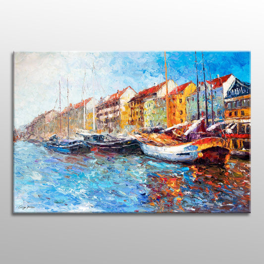 Large Oil Painting Cityscape Amsterdam, Boats, Original Oil Painting, Living Room Wall Art, Original Landscape Painting, Modern Painting,