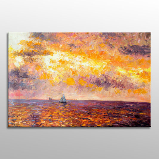 Large Oil Painting Sailboats at Sea Sunrise, Abstract Painting, Canvas Painting, Contemporary Art Living Room Decor, Large Seascape Painting