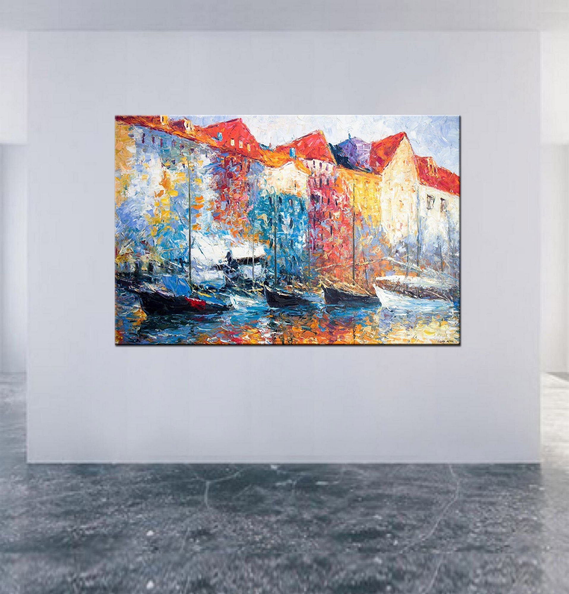 Large Oil Painting Cityscape Amsterdam Boats, Abstract Wall Art, Contemporary Art, Original Painting, Oil Painting Seascape Large Canvas Art